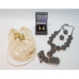 Pair of diamond drop earrings, '375', a pearl necklace and a suite of costume jewellery.