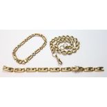 9ct coloured gold bracelet, another, and a piece of curb chain, probably 9ct, 54g.