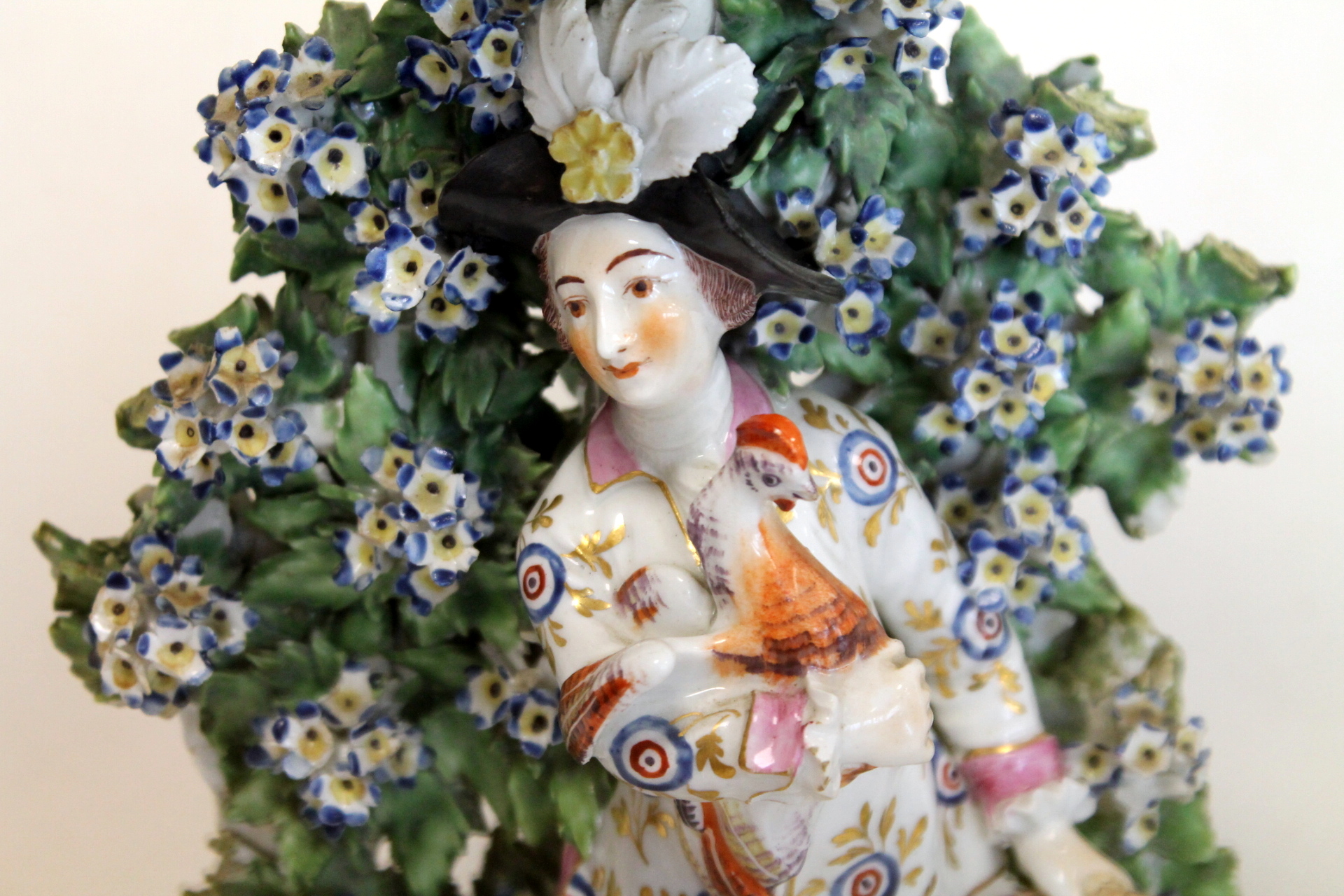 Pair of 18th century Chelsea Derby figural bocage candlesticks, he holding a cockerel, - Image 4 of 23