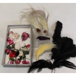 Small collection of various feather hat plumes; a taxidermy humming bird & various faux flowerheads.