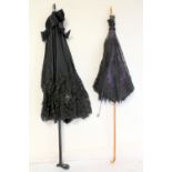 Late 19th/early 20th century lady's black lace & purple silk taffeta parasol with cane handle,