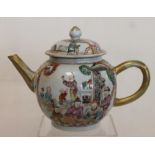 18th century Chinese Export famille rose teapot of bullet form decorated with panels of figures in