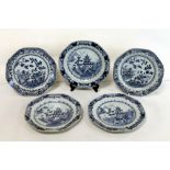 Five 18th century Chinese Export blue & white porcelain plates of octagonal form,