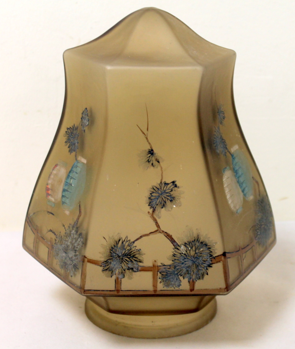 Early 20th century smoked frosted glass lampshade of hexagonal baluster form with hand painted - Image 2 of 8