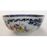 18th century Chinese Export famille rose punch bowl with two large panels of figures surrounded by