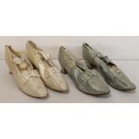 Pair of late 19th century Monquignon, Paris, ivory silk lady's evening shoes with wine glass heel,