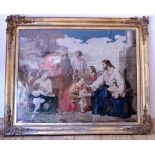 Large Victorian woolwork tapestry picture depicting a biblical scene with Christ surrounded by