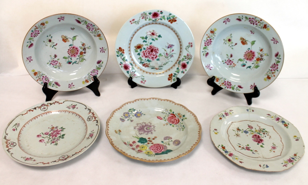 Pair of 18th century Chinese famille rose porcelain soup plates with floral decoration,