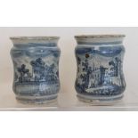 Pair of antique Italian Maiolica alberellos with blue hand painted panels depicting buildings in a