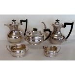 Three piece e.p.n.s. tea set of plain oval form & a similar coffee pot & hot water jug. (5).