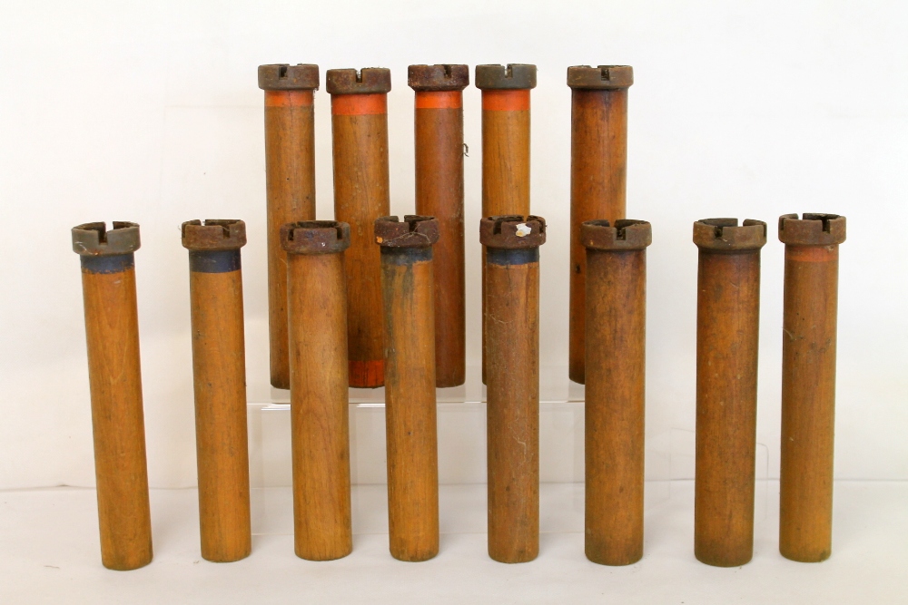 Collection of 13 antique wooden tubes or bobbins for the weaving industry,