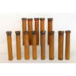 Collection of 13 antique wooden tubes or bobbins for the weaving industry,