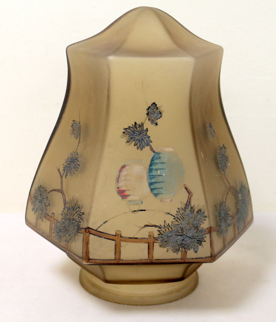 Early 20th century smoked frosted glass lampshade of hexagonal baluster form with hand painted - Image 3 of 8