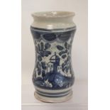 Antique Italian Maiolica blue & white pottery alberello with panel depicting a building in a