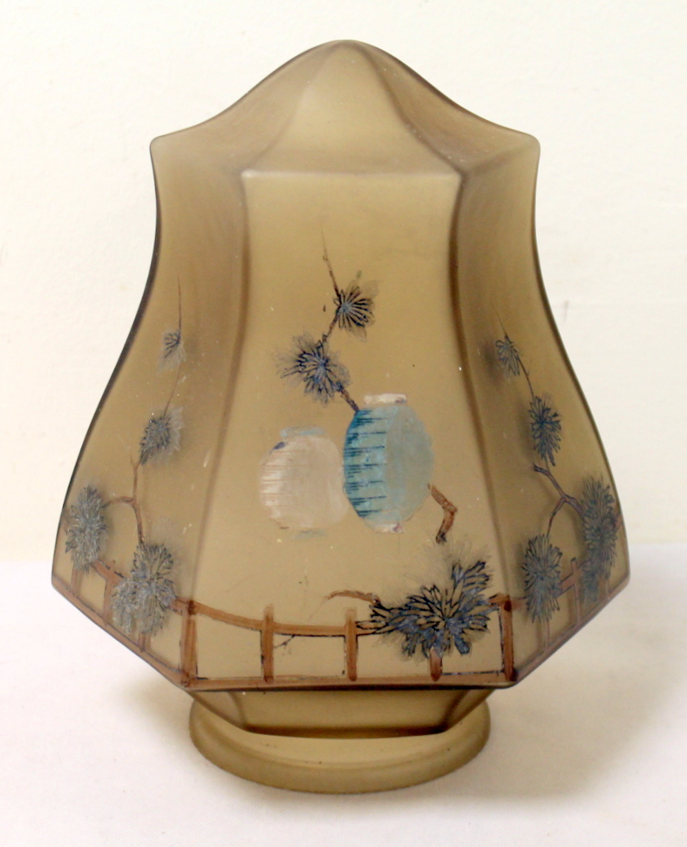 Early 20th century smoked frosted glass lampshade of hexagonal baluster form with hand painted - Image 5 of 8