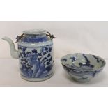 Antique Chinese blue & white porcelain teapot of cylindrical form with floral decoration & twin
