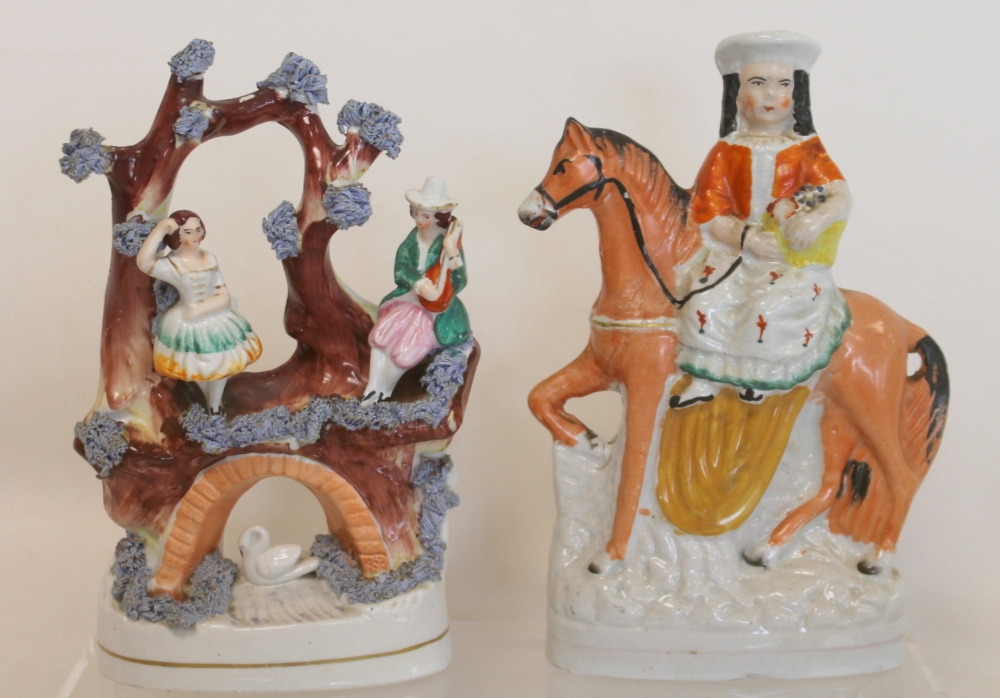 19th century Staffordshire figure of a young girl with basket of flowers riding sidesaddle, 19.