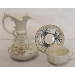 Belleek porcelain jug with scroll handle, lobed rim & applied floral decoration, 2nd version,