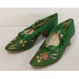 Pair of late 19th century Monquignon, Paris, emerald green silk lady's evening shoes,