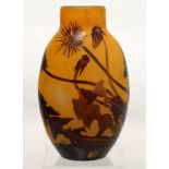 French Gallé cameo glass vase in amber & brown decorated with dandelions, polished base, signed,