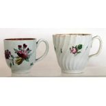 18th century English porcelain coffee cup with painted polychrome enamel floral decoration & reeded