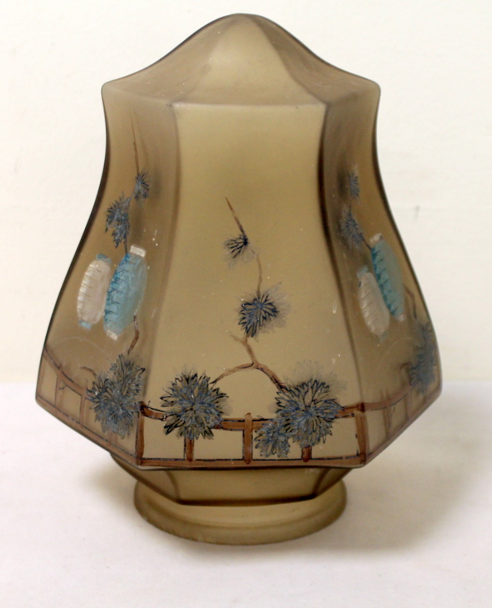 Early 20th century smoked frosted glass lampshade of hexagonal baluster form with hand painted - Image 6 of 8