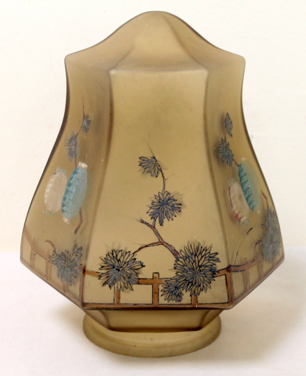 Early 20th century smoked frosted glass lampshade of hexagonal baluster form with hand painted - Image 4 of 8