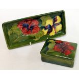 Walter Moorcroft "Hibiscus" pattern trinket box & rectangular pin tray, both with green ground,