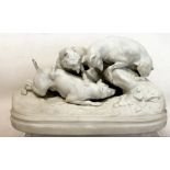 Victorian parian figure group of three dogs hunting, on naturalistic oval plinth base,