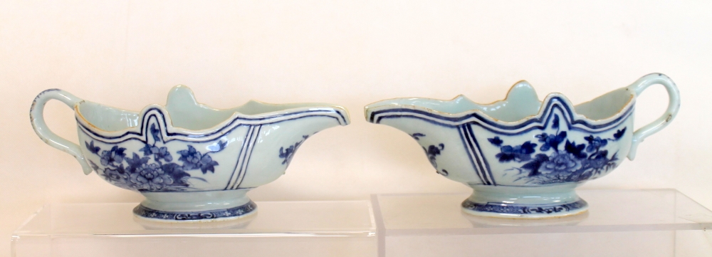 Pair of 18th century Chinese Export blue & white porcelain sauce boats,