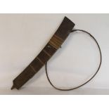 Antique tribal open faced wooden scabbard of slightly curved form with plaited & plain cane bands