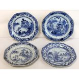 Four 18th century Chinese Export blue & white porcelain plates of octagonal form,