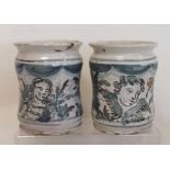 Pair of antique Italian Maiolica pottery albarellos with blue & manganese painted decoration,