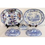 Two Spode blue & white transfer decorated tureen covers depicting a riverscape with figures,