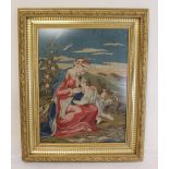 Victorian polychrome woolwork tapestry picture depicting a classical scene with mother & child,