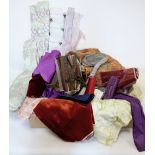 Box of various Victorian & Edwardian fabric remnants including velvets, coloured silks & taffetas,