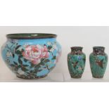 Cloisonné jardiniere, the turquoise ground decorated with peonies,