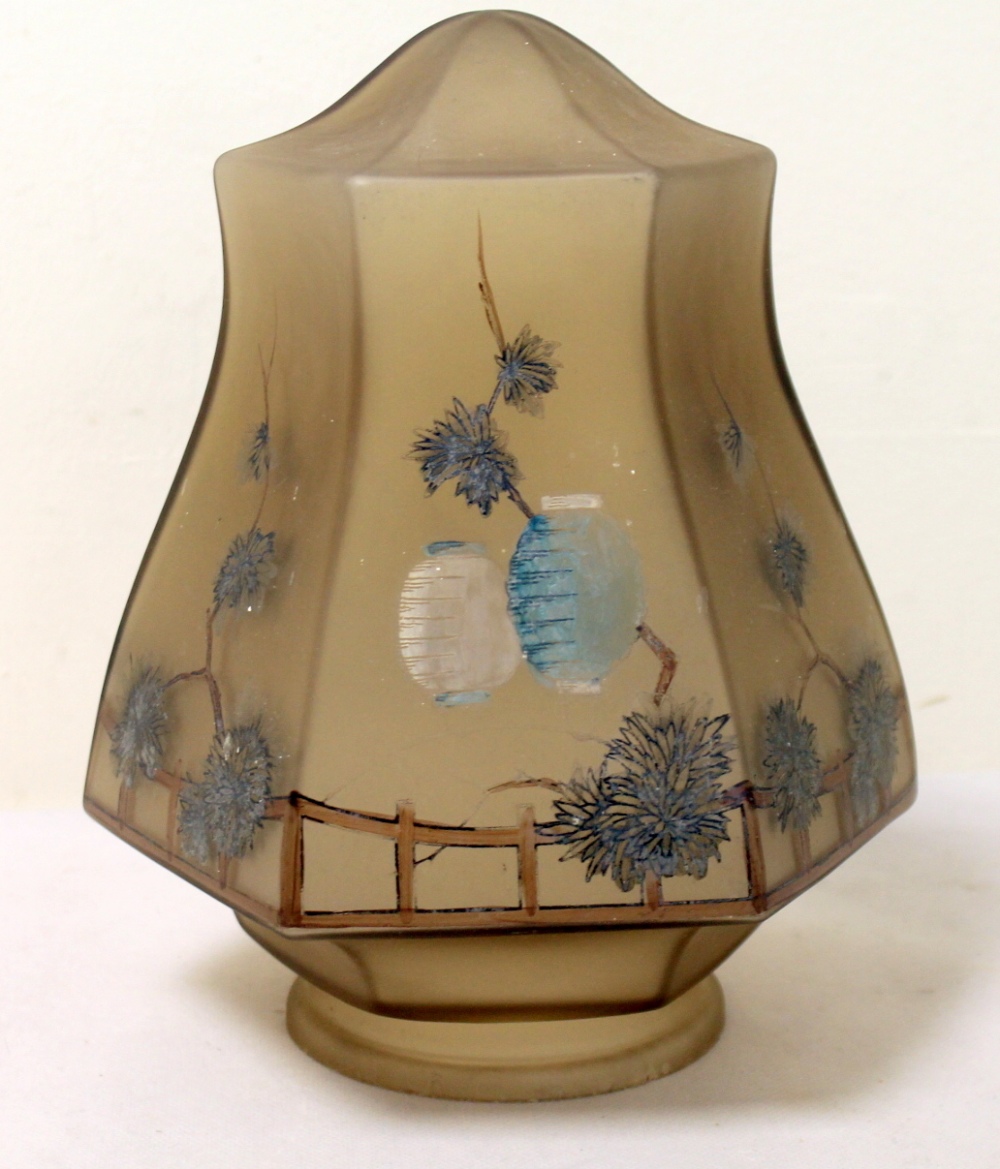 Early 20th century smoked frosted glass lampshade of hexagonal baluster form with hand painted