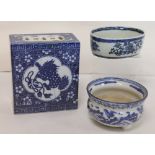 20th century Chinese blue & white porcelain headrest with panels of Dogs of Fo on prunus lattice