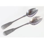 Pair of tea spoons, fiddle pattern A.S, probably Tain c1830.