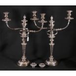 Pair of Old Sheffield two-branch three-light candelabra with foliate bands on inverted tapering