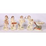 Set of four continental porcelain cherub musicians on scrolling bases and a 12cm sweetmeat dish,