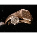 9ct gold diamond ring, size G, 1.1g and a 9ct gold signet ring, size L, 2.6g.