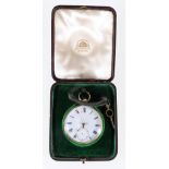 18ct gold cased open faced key winding pocket watch, 98g gross.