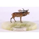 Art Deco style desk stand with Bergman style cold painted bronze stag surmount, 20cm wide.