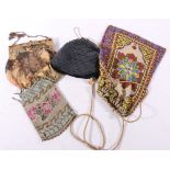 Group of Art Deco and earlier evening bags including a drawstring bag, a heavy metal beaded bag,