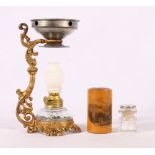 19th century oil lamp with gilt metal base and a Mauchline box with glass inkwell or scent bottle