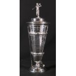 George V silver prize cup titled 'Fleming Brothers Golf Trophy', with awardees from 1936 to 1977,