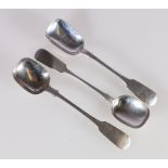 Two preserve or sugar spoons of fiddle pattern initialled George Sangster and Rettie and Son both