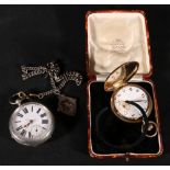Swiss keyless lever watch in rolled gold hunter case and a nickel watch of railway style with